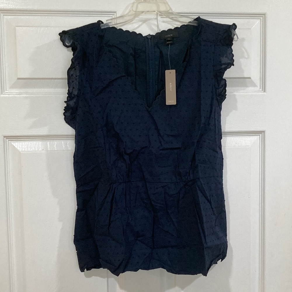 NWT JCREW navy v neck peplum top scalloped neckline & sleeves zip up back sz 14T